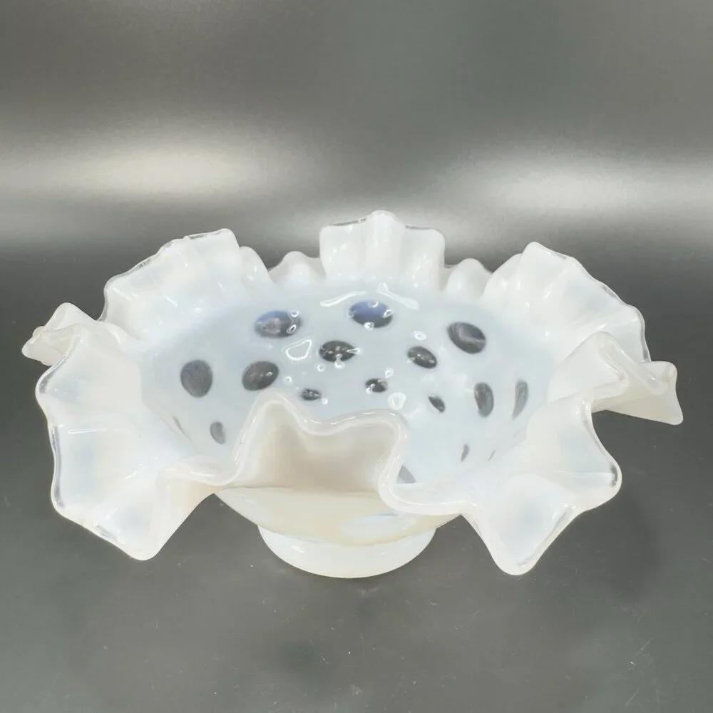 Fenton White Opalescent‎ Clear Coin Dot Ruffled Edge Glass Bowl Dish Vintage